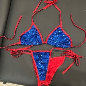 Red and blue sparkly sequined bikini could be well-suited to a bodybuilding